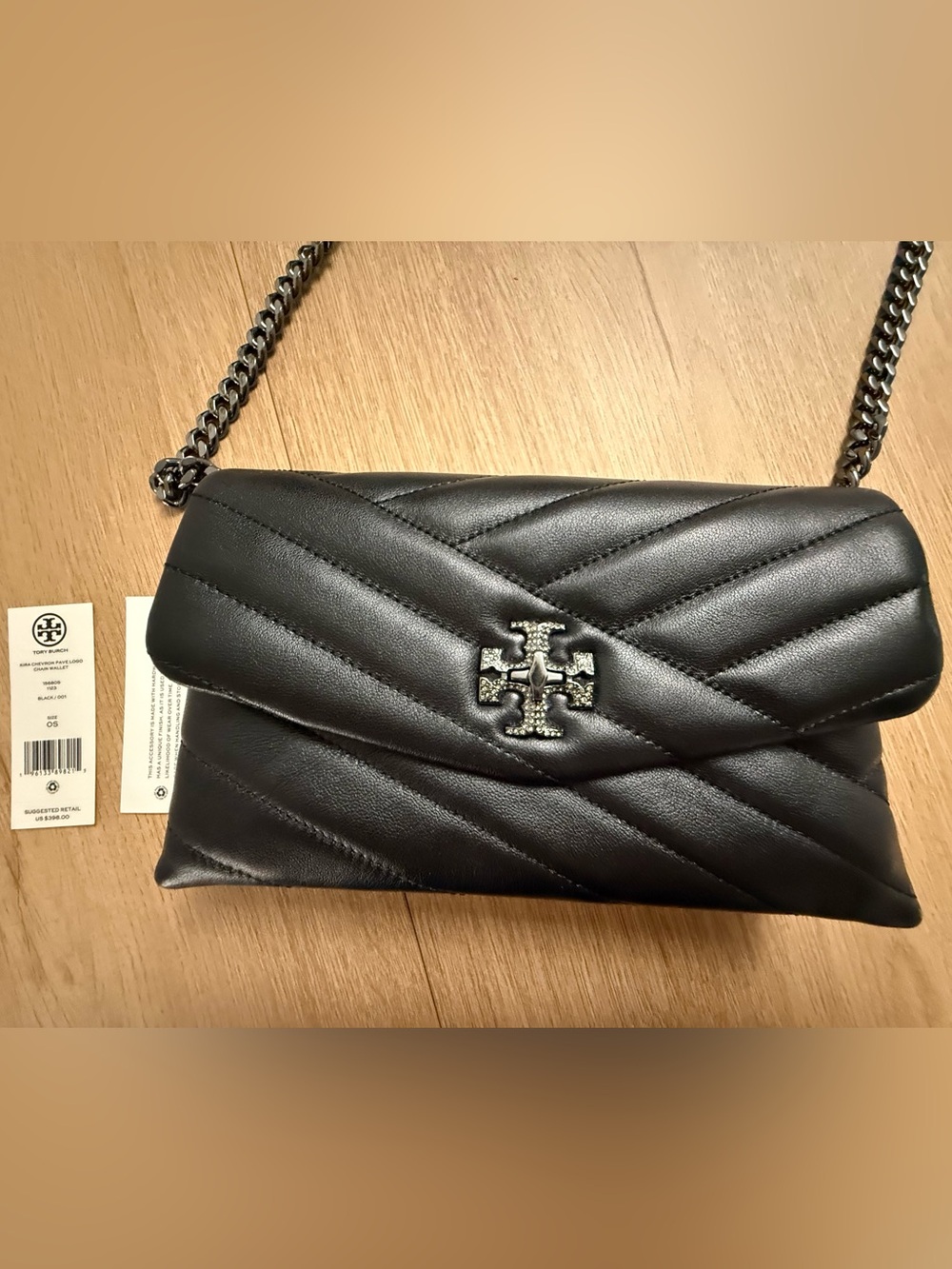 Tory Burch Black Quilted Leather Crossbody Wallet with Logo Chain